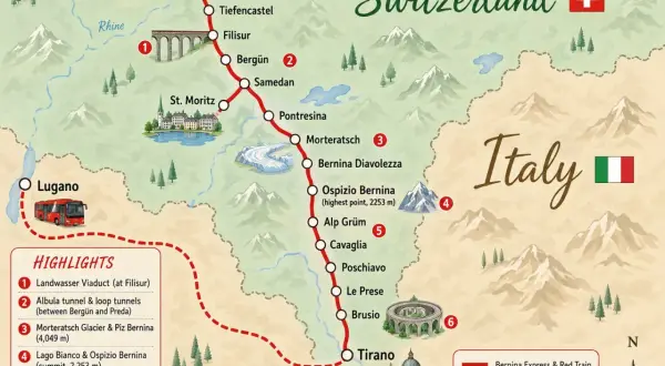 Mapa trasy Bernina Express: od Chur do Tirano, z opcją autobusu do Lugano. Poznaj atrakcje i zaplanuj podróż.