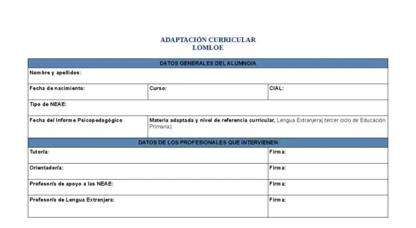 Formulario de adaptación curricular LOMLOE para **acis educación**, con datos del alumno y profesionales.