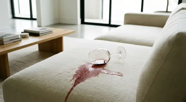 Ein umgekipptes Weinglas hinterlässt einen roten Fleck auf dem hellen Sofa. Ein kleiner Kaffeefleck ist auch auf dem Tisch zu sehen.