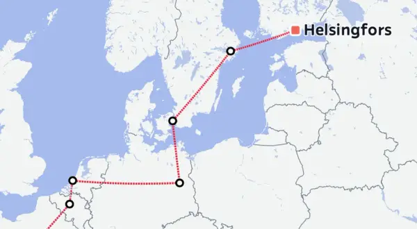 En karta som visar en rutt för att tågluffa Europa, från Nederländerna via Danmark och Polen till Helsingfors.