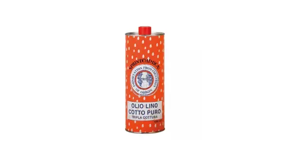 Lattina arancione con pois bianchi, etichetta con scritta "Olio Lino Cotto Puro" e logo Sprintchmica. Ideale per la tripla cottura.