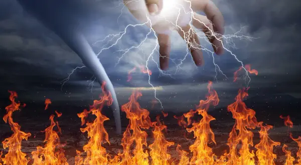 Boska dłoń z błyskawicami nad płonącą ziemią i wirującym tornado. Scena przypomina biblijne opisy gniewu i mocy.