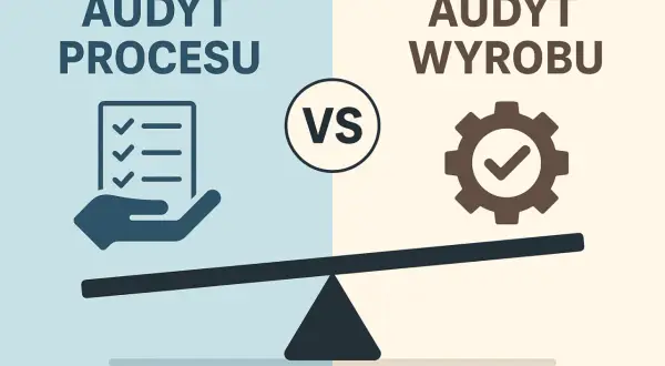 Porównanie: audyt procesu (lista kontrolna na dłoni) vs. audyt wyrobu (koło zębate z zaznaczeniem).