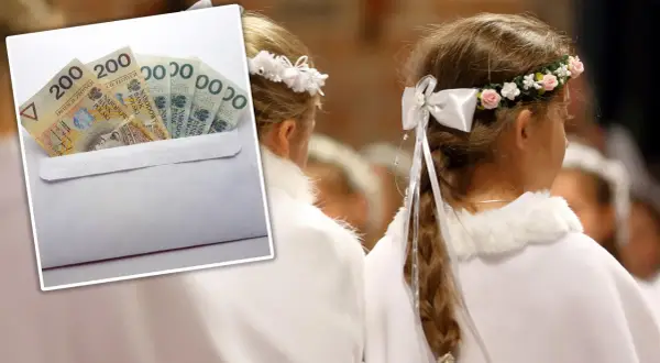 Koperta z banknotami 200 zł i dziewczynki w białych strojach komunijnych.