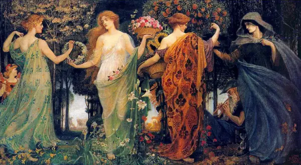 La déesse de l'agriculture et ses compagnes célèbrent la nature luxuriante, entourées de fleurs et de fruits. Un vieil homme joue de la flûte.