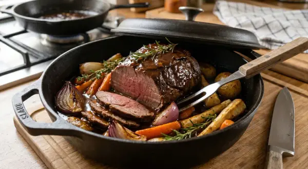 Saftiger Rinderbraten mit Wurzelgemüse und Rosmarin, perfekt für ein köstliches rinderbraten rezept.