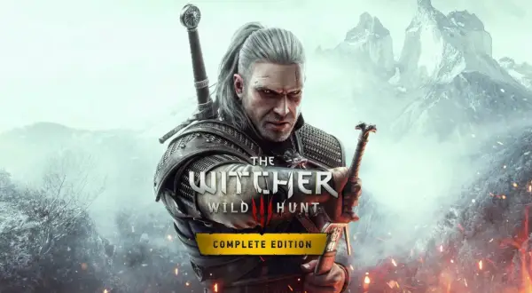Geralt z Rivii, wiedźmin, trzymający miecz, na tle gór i płomieni. Okładka gry "Wiedźmin 3: Dziki Gon Complete Edition", sugerująca różne zakończenia.