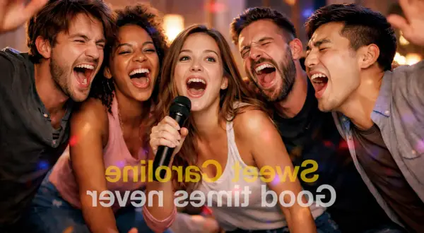 Fünf Freunde singen lautstark Karaoke in einer Bar. Sie haben sichtlich Spaß und lachen.