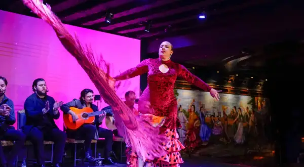 Bailarina de rumba flamenco con vestido rojo y volantes, moviendo un chal rosa. Músicos tocan guitarra y palmean al fondo.