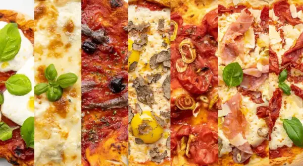 Sechs Pizzen nebeneinander: Mozzarella mit Basilikum, Sardellen, Trüffel, Tomaten, Prosciutto und getrocknete Tomaten. Vielfalt beim Pizza Belag!