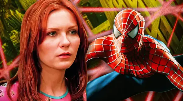 Mary Jane Watson und Spider-Man im Film. Die Besetzung von Spider-Man (Film) zeigt sie im Kampf gegen das Böse.