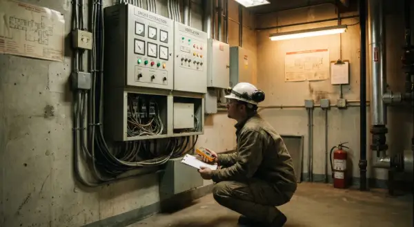 Pracownik w kasku sprawdza instalację wentylacyjną i system oddymiania. Dba o ochronę przeciwpożarową i BHP.