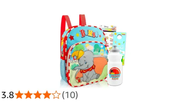 Mochila azul de Dumbo con botella de agua blanca y pegatinas.