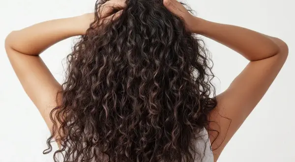 Vista trasera de una persona con un hermoso pelo rizado oscuro, sus manos acarician su melena.