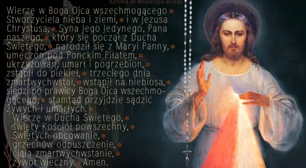 Obraz Jezusa Miłosiernego z koralami, symbolizujący modlitwę i wiarę.