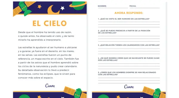 Hoja de trabajo para lectura comprensiva 3 primaria sobre el cielo y las estrellas. Incluye preguntas para reflexionar.