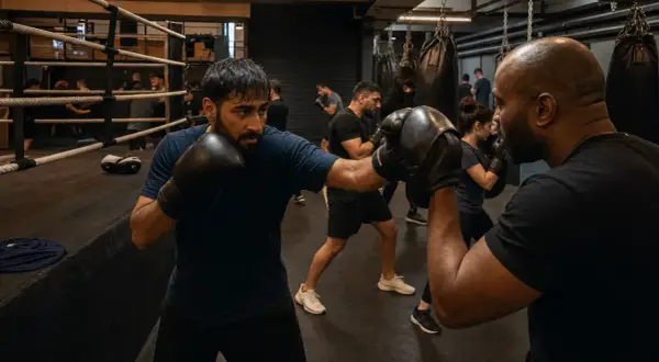 A boxer puncher meaning is demonstrated as a man in boxing gloves throws a punch during training, with others practicing in the background.