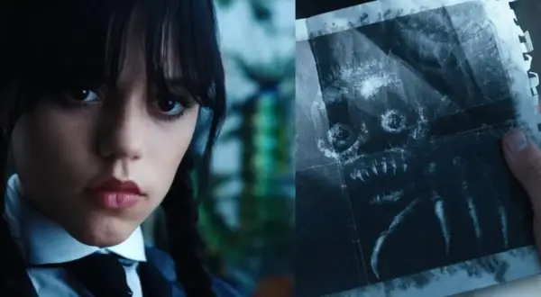 Wednesday Addams patrzy na rysunek przerażającego potwora z ostrymi zębami i pazurami.