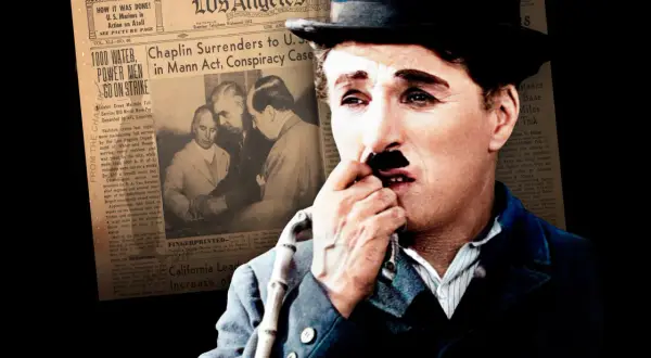 Charlie Chaplin, en ikon från chaplin film klassiker, syns bredvid en tidningsrubrik om hans överlämnande i en rättssak.