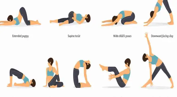 Illustrations de yoga montrant des postures pour soulager la sciatique, comme le chien tête en bas et la torsion supine.