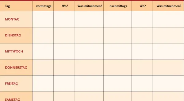 Vorlage Wochenplan Demenz: Tabelle für Tagesstruktur mit Spalten für Vormittag, Nachmittag, Ort und "Was mitnehmen?". Hilft bei der Organisation von Aktivitäten.