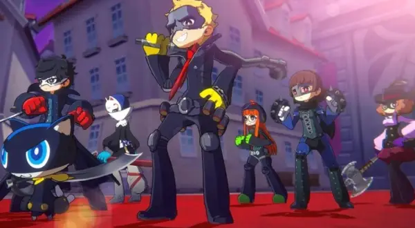 Postacie z Persona 6 w kreskówkowym stylu, gotowe do akcji na czerwonym dywanie.