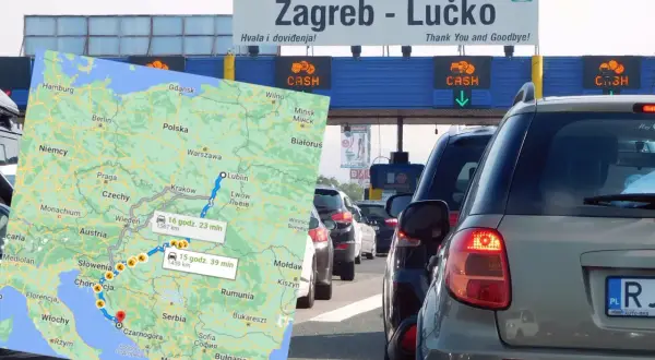 Trasa z Polski do Medjugorie przez Zagrzeb. Mapa pokazuje drogę z Krakowa do Chorwacji, a w tle widoczna jest autostradowa bramka w Zagrzebiu.