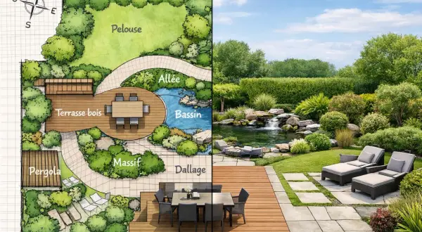 Plan d'un jardin avec un plan d'eau de petite taille, une terrasse en bois, une pelouse et une allée. La partie droite montre le jardin réalisé avec une cascade.