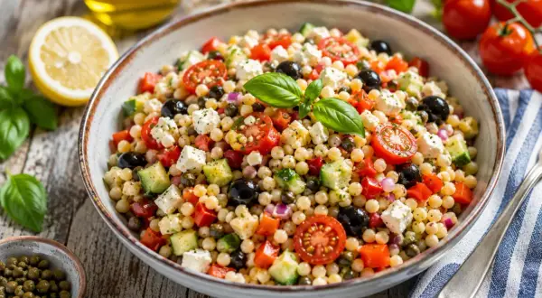 Bunter Salat mit Fregola Sarda, Tomaten, Gurken, Oliven und Feta. Ein köstliches fregola sarda rezept für den Sommer.