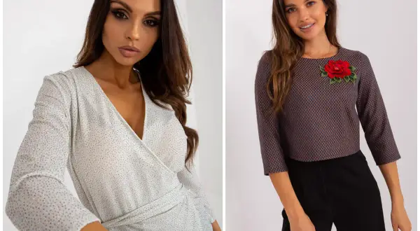 Elegancka bluzka z brokatem w kropki i bluzka z haftowaną różą.