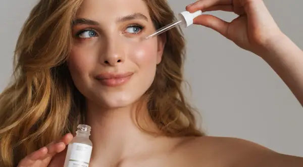 Młoda kobieta aplikuje serum z pipetką na twarz. Czy to peptydy?