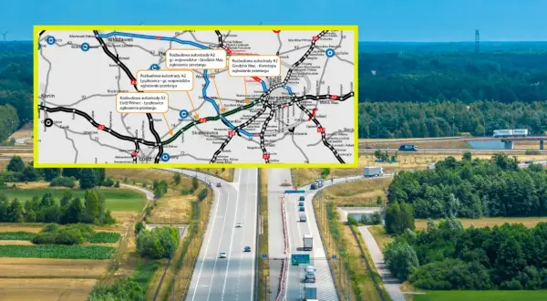 Mapa autostrady A2 z zaznaczonymi odcinkami i miastami, na tle widoku drogi z ruchem samochodowym.