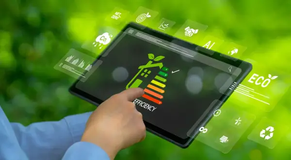 Dito un tablet mostra un grafico di efficienza energetica, con icone che simboleggiano la sostenibilità e la riqualificazione energetica globale.