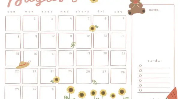 Calendario de agosto con girasoles, un sombrero de paja y un oso comiendo sandía.