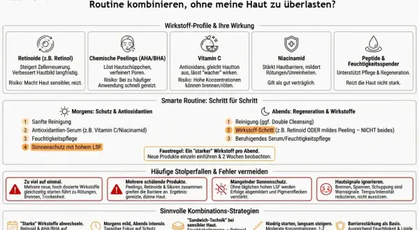 Kombiniere Ceramid und Vitamin C für eine starke Hautbarriere und strahlenden Teint. Morgens Vitamin C, abends Retinol.