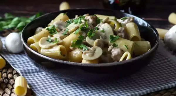 A bowl of rigatoni pasta with creamy mushroom and sausage sauce, garnished with parsley.