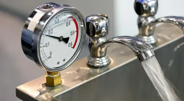 Manometro che misura la pressione dell'acqua in un lavandino. Il rubinetto eroga acqua, indicando la pressione alta acqua calda o fredda.