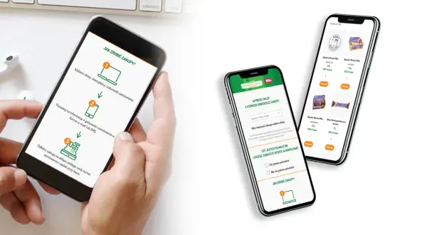 Dwie smartfony prezentują aplikację Delikatesy Centrum, pokazując proces zakupów online i listę produktów.