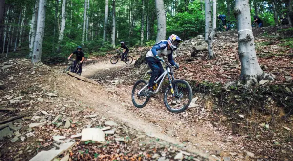 Zjazdowcy na rowerach pokonują leśny tor. To adrenalina i świetna zabawa na bike parkach w Polsce.