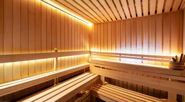 Drewniana sauna z ławami i ciepłym, nastrojowym oświetleniem. Lampy do sauny tworzą relaksującą atmosferę.