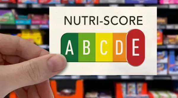 Hand hält Karte mit Nutri-Score D, das eine schlechte Bewertung für Lebensmittel darstellt.