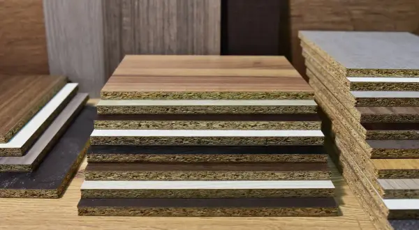 Campioni di pannelli impiallacciati e melaminico cos'è: strati di legno e finiture diverse, ideali per mobili e design.