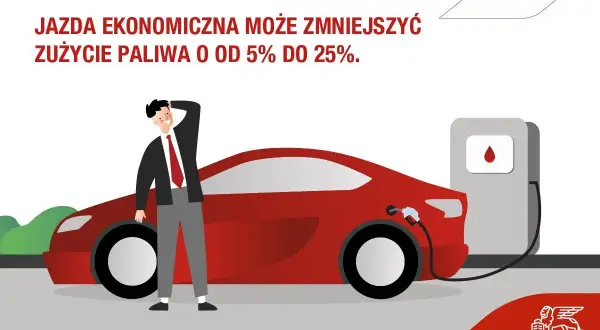 Mężczyzna przy czerwonym samochodzie na stacji paliw. Ekonomiczna jazda samochodem to oszczędność paliwa od 5% do 25%.
