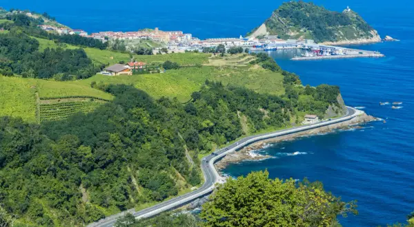 Grüne Weinberge und Wälder säumen die Küstenstraße bei San Sebastián. Das blaue Meer glitzert, während ein kleiner Hafen mit Booten in der Ferne liegt.