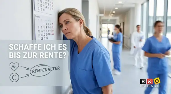 Erschöpfte Krankenschwester fragt sich: "Schaffe ich es bis zur Rente nach 30 Jahren Arbeit?" Kalender und Euro-Symbol deuten auf finanzielle Sorgen hin.