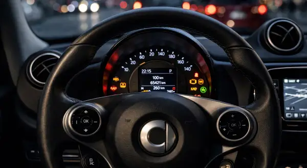 Cruscotto Smart con spie accese (ABS, RAP, batteria, ecc.) e display centrale. Un elenco di spie cruscotto Smart da controllare.