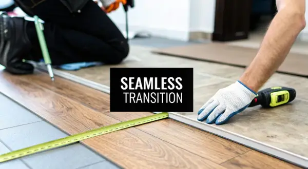 Workers install flooring, creating a seamless transition from tile to laminate. A measuring tape and drill are visible.
