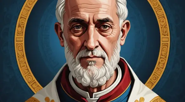 Portret starszego mężczyzny z siwą brodą i włosami, w szatach papieskich, otoczony złotym ornamentem. Wygląda jak pierwszy święty Kościoła katolickiego.