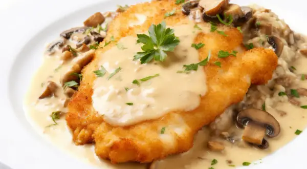 Knuspriges Schnitzel mit cremiger Champignon-Rahm-Sauce und Reis, garniert mit Petersilie. Ein köstliches Gericht!