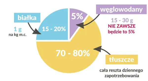 Wykres kołowy pokazuje zapotrzebowanie na makroskładniki: białka (1g/kg m.c.), węglowodany (15-30g, nie zawsze 5%) i tłuszcze (70-80%).